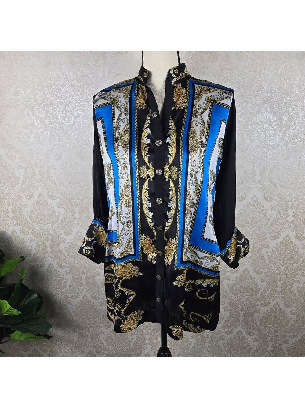 Nadia Ellahi Size Small Tunic Blouse Long Sleeve Black Gold White Blue Pattern